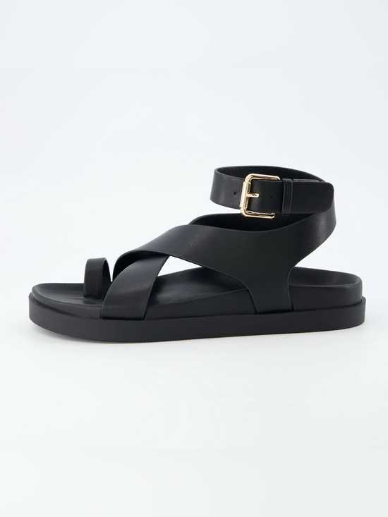 Cushionaire Shoes - Cushionaire Entry Black Footbed Sandals vegan leather toe loop gold buckle 11W